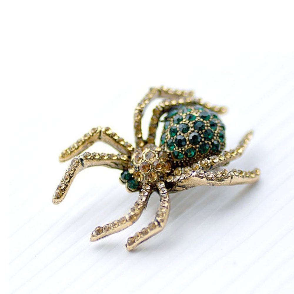 Green Rhinestone Spider Bug Pin Broach - Picture 1 of 3